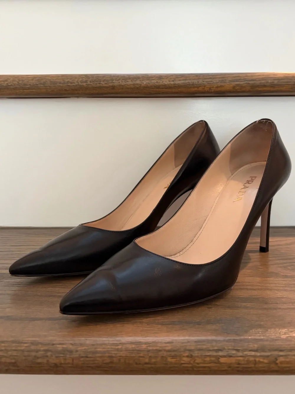 Prada Black Leather Pointed-Toe Stiletto Pumps, 85mm, Size 38